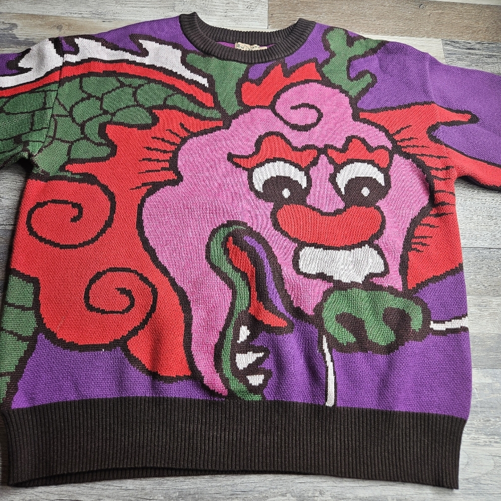 Nian Yi Sweater Purple With Green And Red Dragon Size Medium - Picture 2 of 9